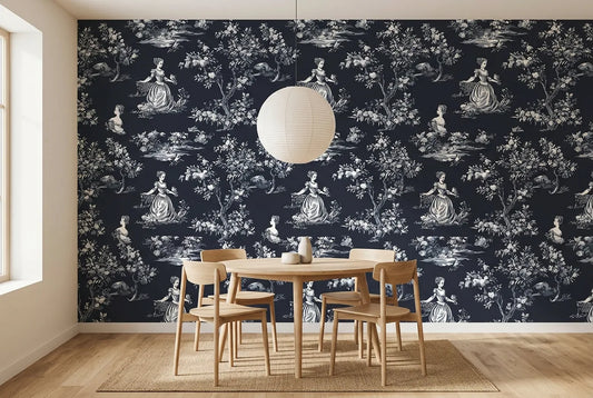Papel tapiz Toile Nocturno instalado en un comedor luminoso