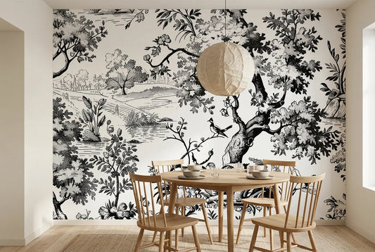 Papel tapiz Toile Sauvage instalado en un comedor luminoso