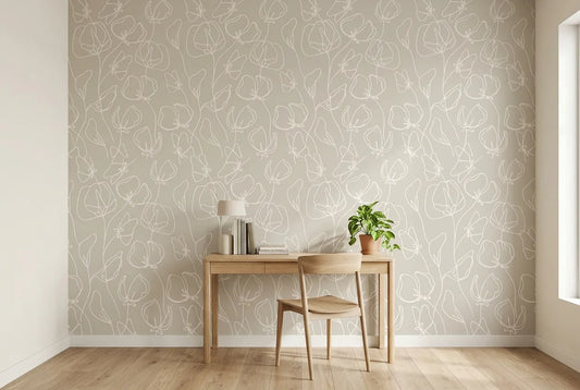 Papel tapiz Trazo Botánico instalado en un espacio de trabajo en casa
