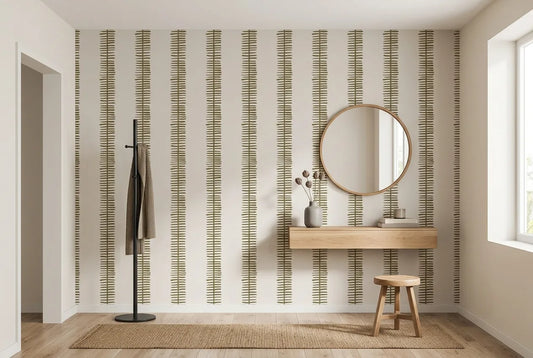 Papel tapiz Trazos Beige instalado en un recibidor de estilo nórdico