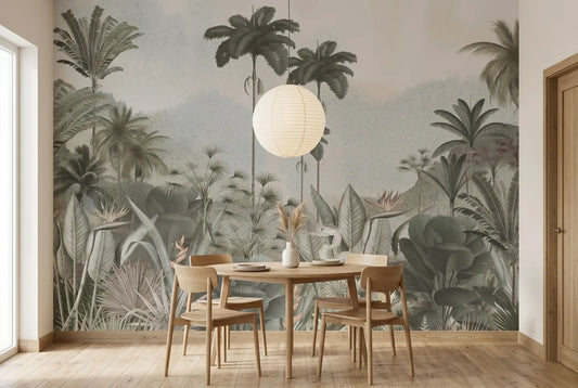 Papel tapiz Trópico Místico instalado en un comedor luminoso
