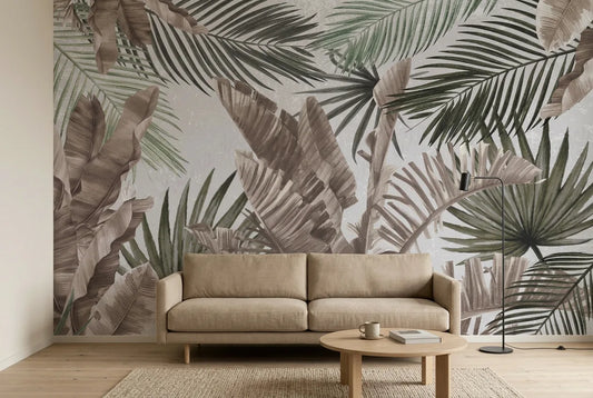 Papel tapiz Trópico Sepia instalado en una sala de estar minimalista