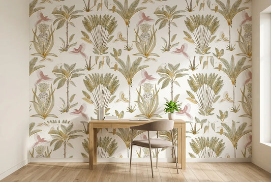 Papel tapiz Trópico Suave instalado en un espacio de trabajo en casa