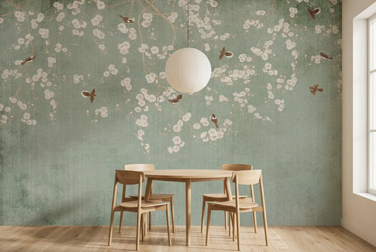 Papel tapiz Valery Verde instalado en un comedor luminoso