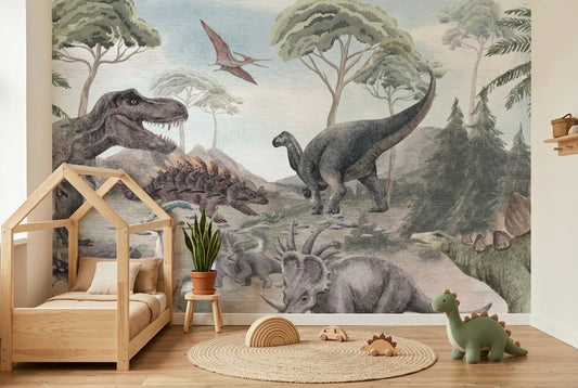 Papel tapiz Valle Jurásico instalado en una habitación infantil