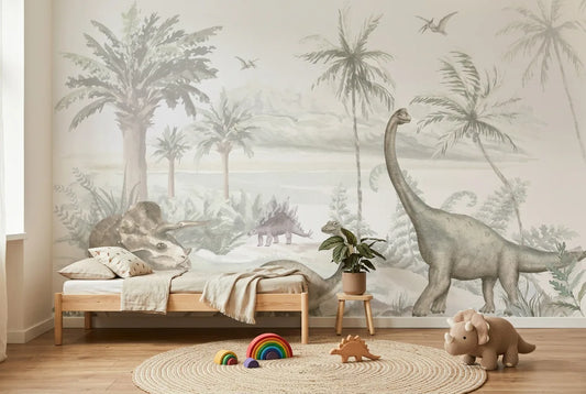 Papel tapiz Valle Jurásico Dinosaurios instalado en una habitación infantil