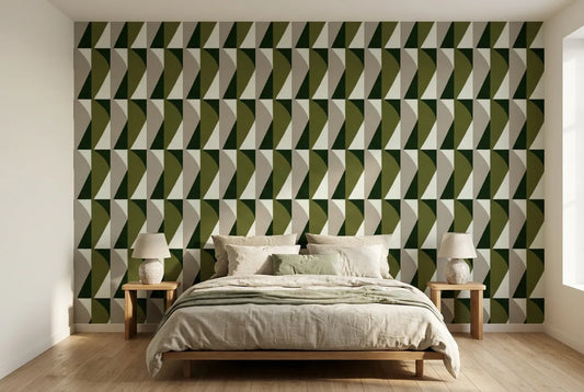 Papel tapiz Vértice Verde instalado en un dormitorio sereno
