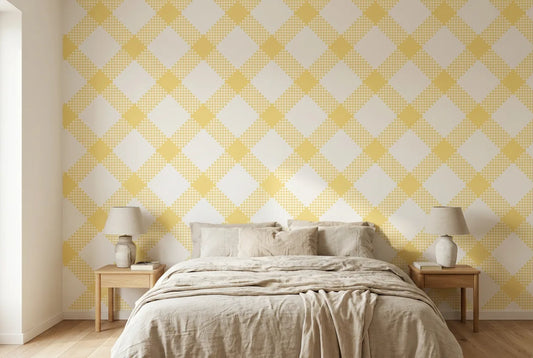 Papel tapiz Vichy Amarillo instalado en un dormitorio sereno