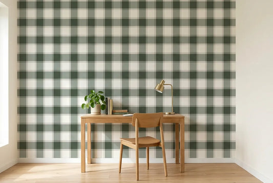 Papel tapiz Vichy Oliva instalado en un espacio de trabajo en casa