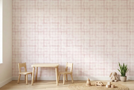 Papel tapiz Vichy Rosa instalado en una habitación infantil