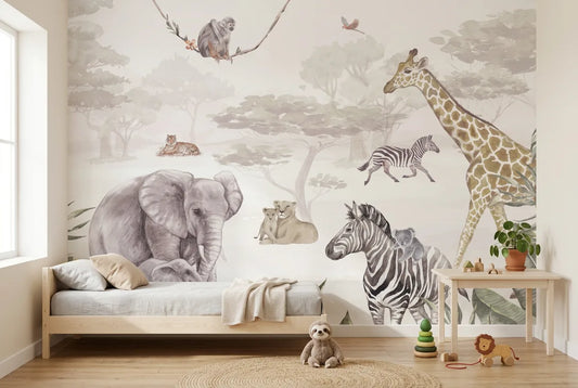 Papel tapiz Wild Safari instalado en una habitación infantil
