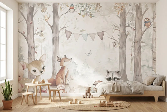 Papel tapiz Woodpark instalado en una habitación infantil