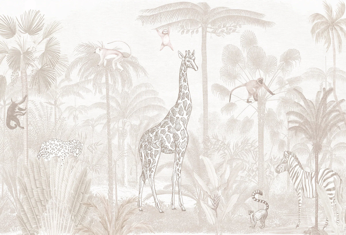 Papel tapiz infantil con diseño de safari en tonos beige con jirafa, cebra y palmeras.