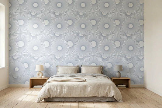 Papel tapiz Abanico Celeste instalado en un dormitorio sereno