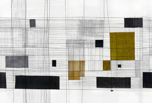 Papel tapiz de diseño abstracto con líneas cuadriculadas negras y bloques geométricos en tonos mostaza y gris.