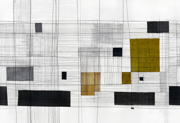Papel tapiz de diseño abstracto con líneas cuadriculadas negras y bloques geométricos en tonos mostaza y gris.