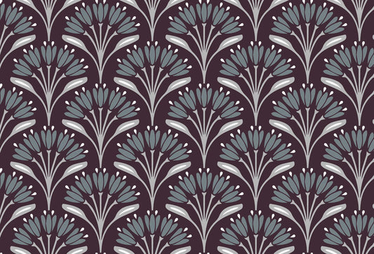 Papel tapiz con diseño floral geométrico estilo art déco en tonos berenjena, gris pizarra y blanco hueso