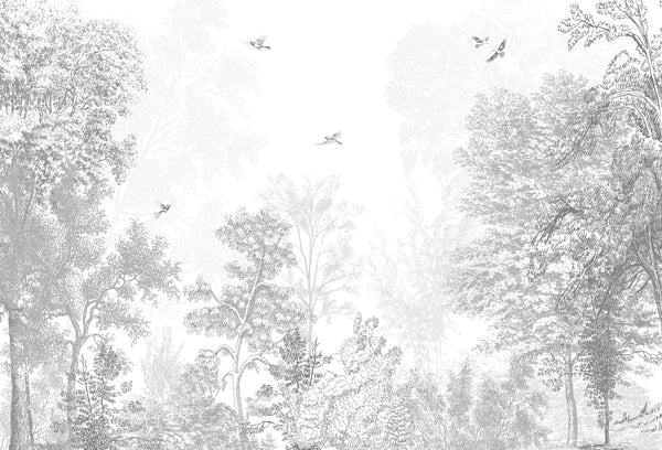 Papel tapiz mural con grabado botánico de bosque y aves en tonos blanco y gris suave para dormitorio infantil.