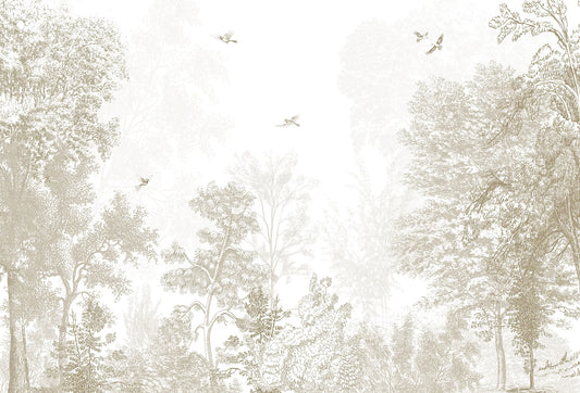 Papel tapiz con grabado de bosque vintage y aves en tonos sepia y beige claro para pared