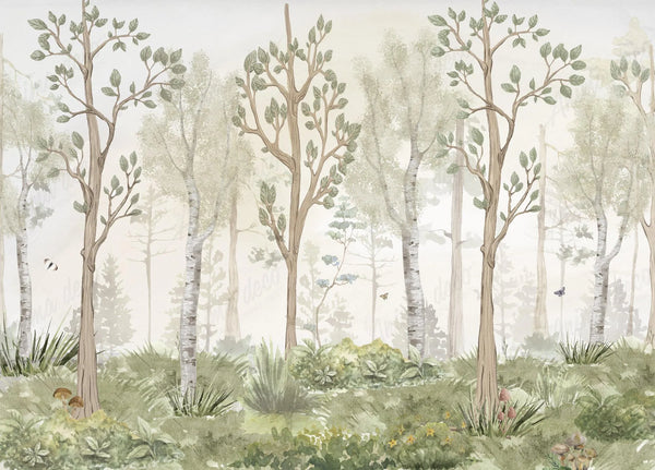Papel tapiz mural infantil con paisaje de bosque suave, abedules y tonos verdes pastel.