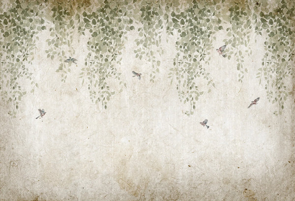 Papel tapiz con diseño botánico de enredaderas verdes colgantes y pájaros sobre un fondo beige de estilo grunge.