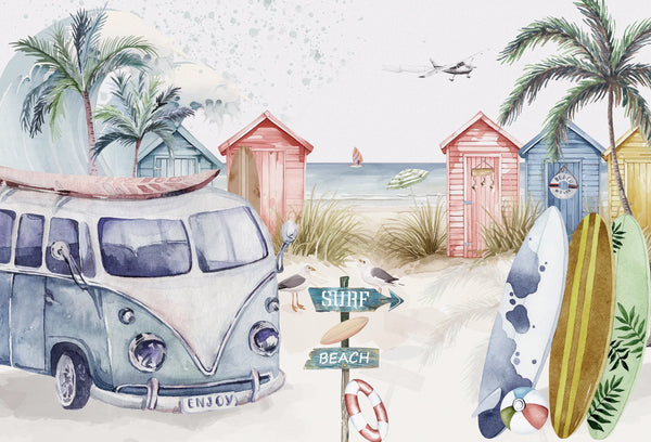 Papel tapiz mural con escena playera en acuarela, combi vintage, tablas de surf y casetas de madera en tonos pastel.