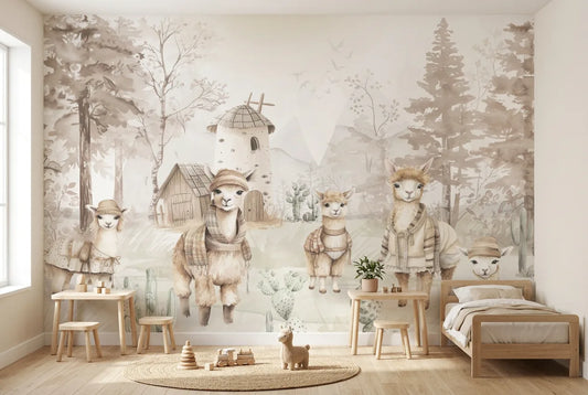 Papel tapiz Alpacas del Valle instalado en una habitación infantil