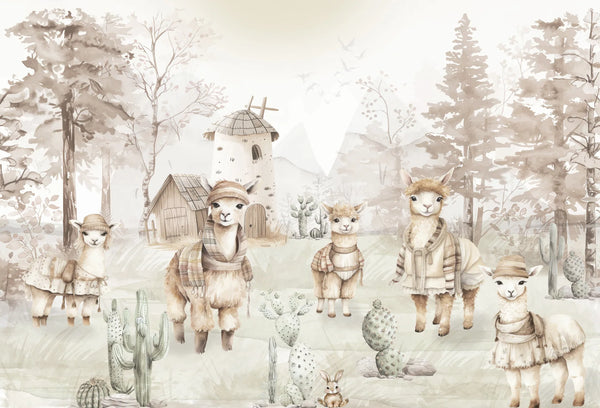 Papel tapiz infantil en acuarela con tiernas alpacas vestidas en un paisaje campestre beige