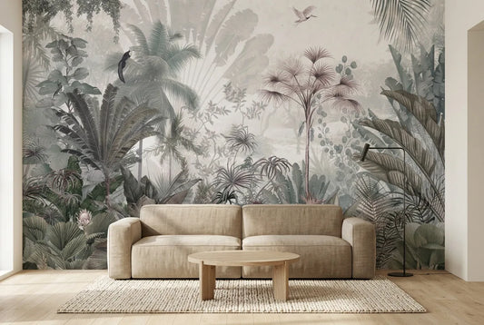 Papel tapiz Amazonia Mística instalado en una sala de estar minimalista