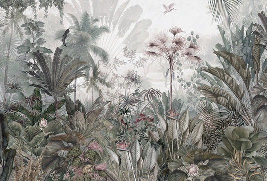 Papel tapiz mural con exuberante selva tropical y aves en tonos verde salvia y rosa suave