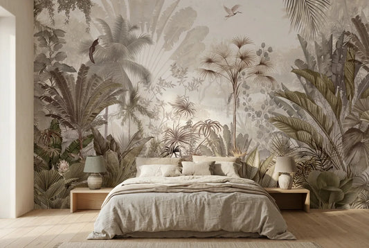 Papel tapiz Amazonía Vintage instalado en un dormitorio sereno