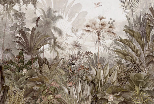 Papel tapiz mural estilo vintage con densa vegetación tropical, palmeras y aves en tonos sepia