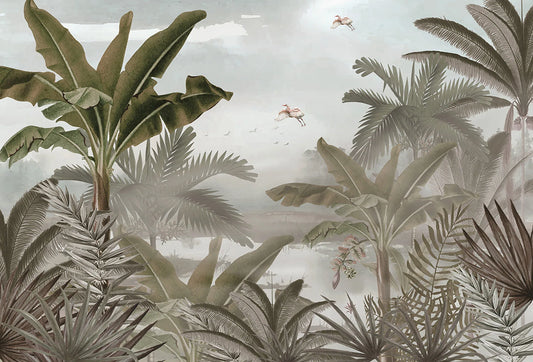 Papel tapiz con paisaje de selva tropical, palmeras, hojas de plátano y aves en tonos verde oliva y arena