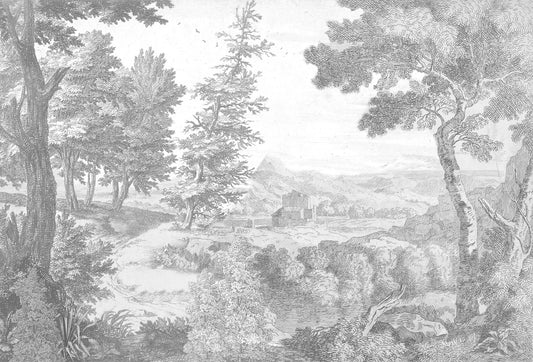 Papel tapiz mural con diseño de grabado clásico de bosque y paisaje rural en tonos grises y fondo blanco.
