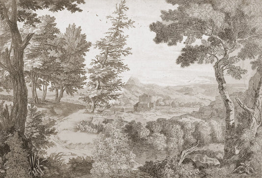 Papel tapiz mural con diseño de paisaje campestre en grabado clásico monocromático en tonos sepia y gris.