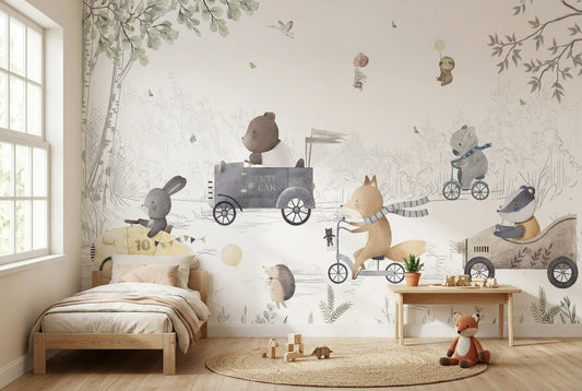 Papel tapiz Amigos de Viaje instalado en una habitación infantil
