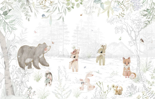 Papel tapiz mural infantil con animales del bosque en acuarela como oso, zorro y ciervo sobre fondo claro