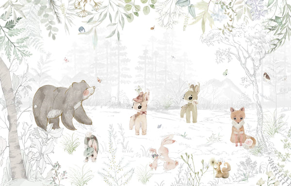 Papel tapiz mural infantil con animales del bosque en acuarela como oso, zorro y ciervo sobre fondo claro
