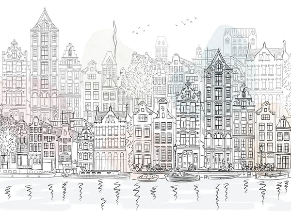 Papel tapiz mural con ilustración lineal de fachadas de Ámsterdam, canales y botes en tonos suaves y blanco.