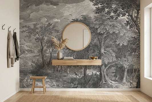 Papel tapiz Ancient Grafito instalado en un recibidor de estilo nórdico