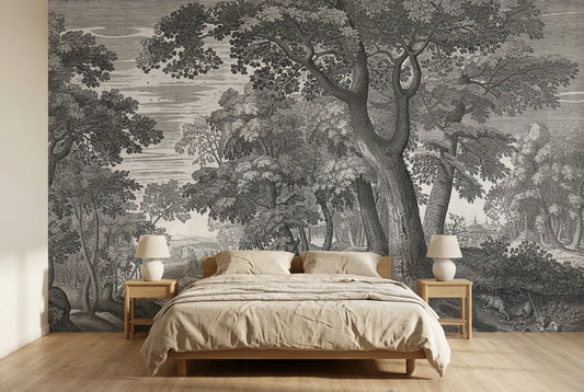 Papel tapiz Ancient Grafito Exclusive Art instalado en un dormitorio sereno