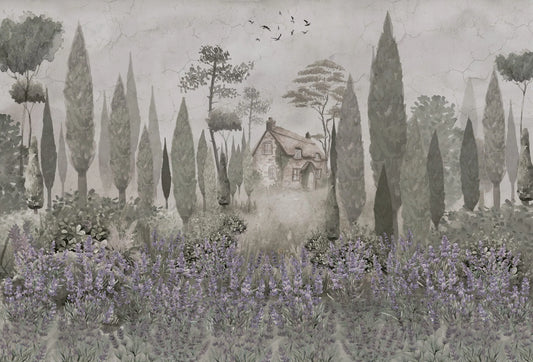 Papel tapiz mural con paisaje provenzal de lavandas, cipreses y casa de campo en tonos lavanda y verde salvia