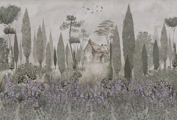 Papel tapiz mural con paisaje provenzal de lavandas, cipreses y casa de campo en tonos lavanda y verde salvia