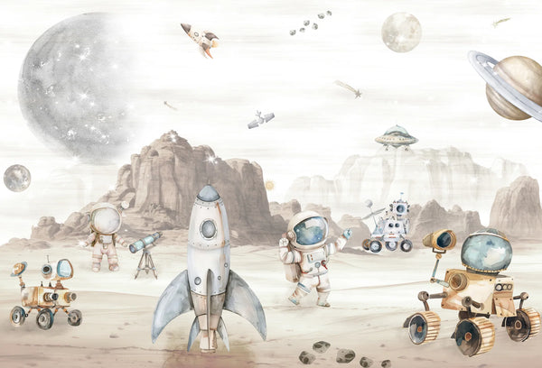 Papel tapiz infantil con astronautas, cohetes y planetas en tonos beige y gris