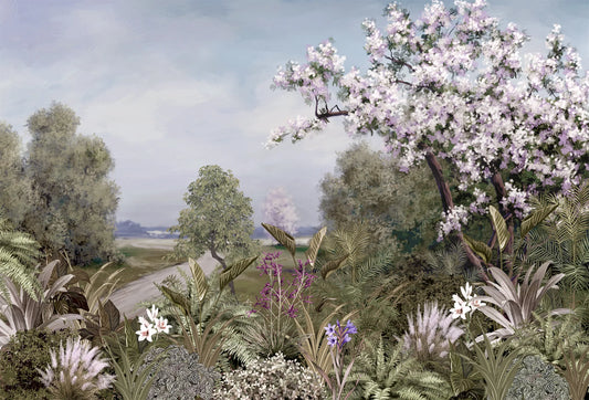 Papel tapiz mural con paisaje campestre de árbol florecido en tonos lilas, helechos y flores silvestres