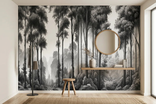 Papel tapiz Arauco instalado en un recibidor de estilo nórdico