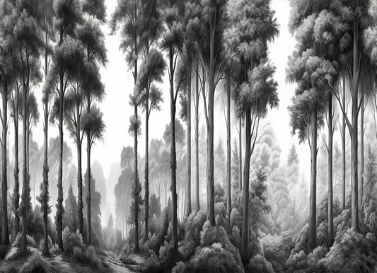 Papel tapiz mural con ilustración artística de bosque y árboles altos en blanco y negro con efecto de niebla.