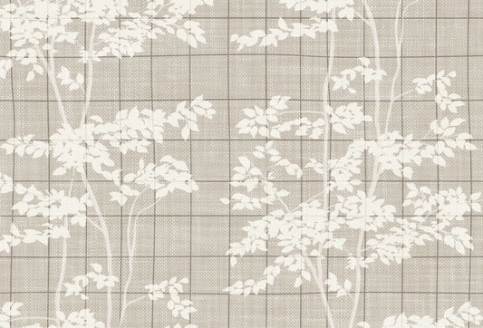 Papel tapiz con siluetas de ramas blancas sobre fondo cuadriculado beige con textura de lino