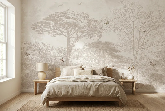 Papel tapiz Arboleda Sepia instalado en un dormitorio sereno