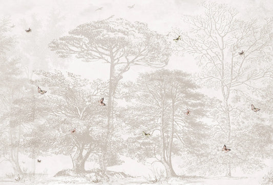 Papel tapiz mural con ilustración estilo grabado de árboles y mariposas en tonos sepia y beige claro.